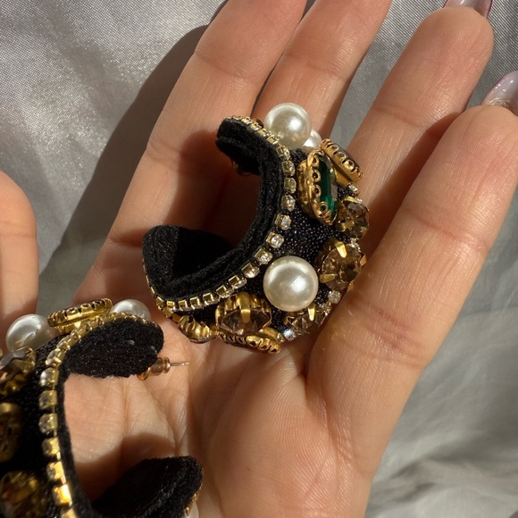 Vintage handmade Black and Gold pearl multicolour crystal earrings - Picture 4 of 10